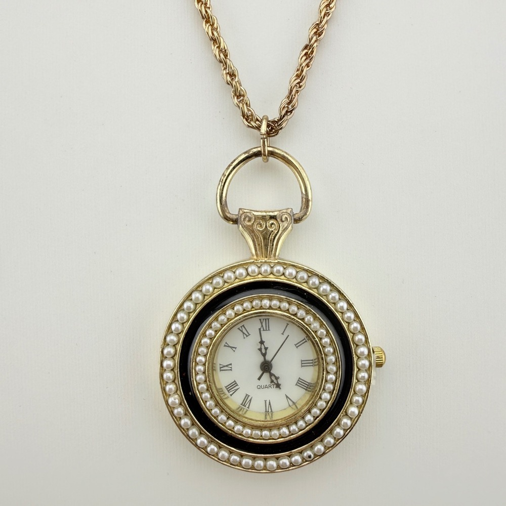 Haband Pendant Watch Faux Pearl Gold Tone Rope Chain Necklace Grandmillennial